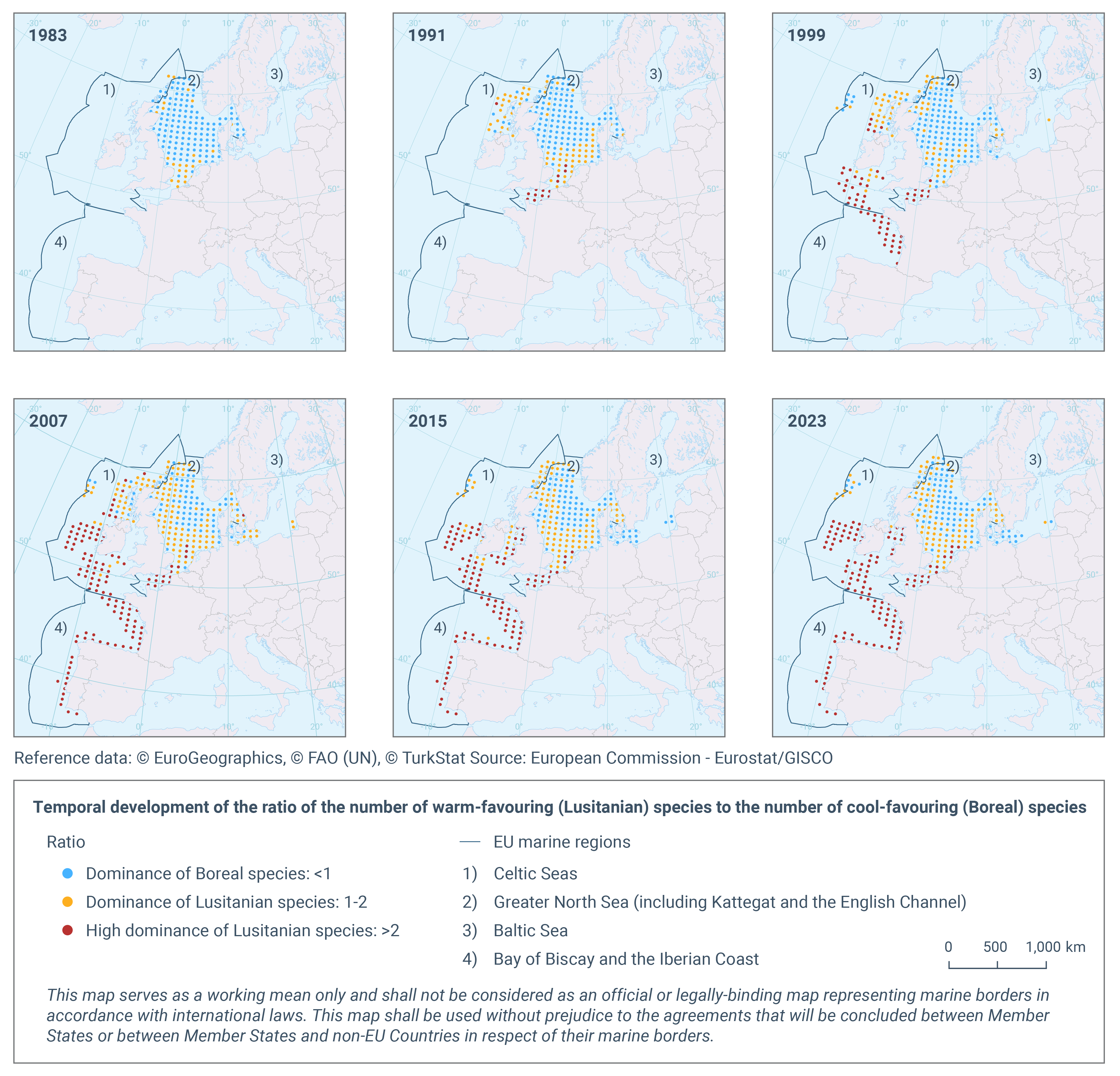 Temporal development of the ratio of the number of warm-favouring (Lusitanian) species to the number of cool-favouring (Boreal) species