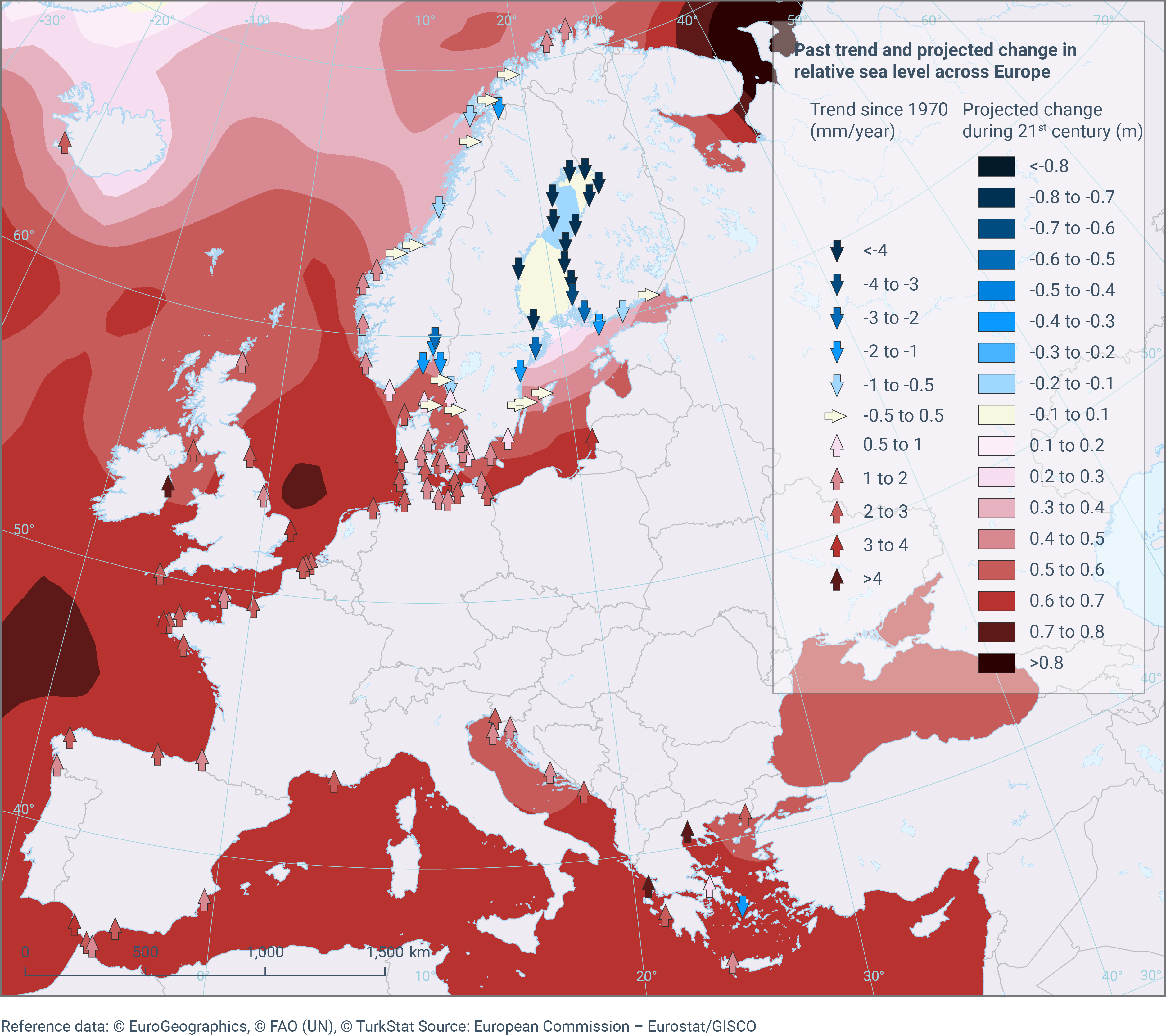 Past trend and projected change in relative sea level across Europe